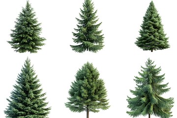 Evergreen Trees: Six Different Conifer Species Isolated on White Background, Perfect for Nature Designs