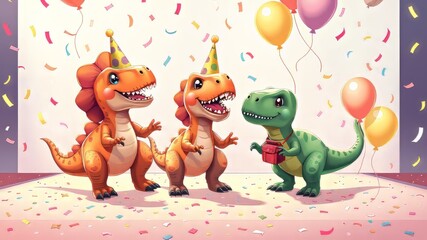 Fototapeta premium Cute Dinosaur Party Illustration - Pastel Background, Confetti, Balloons