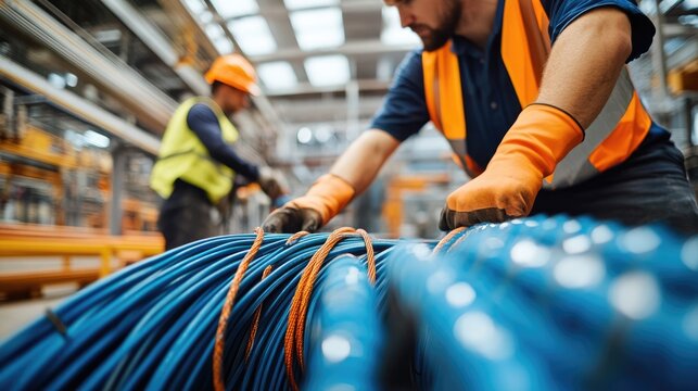 Worker Handling Electrical Cables in a Warehouse