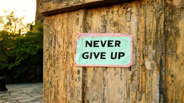 Inspirational sign on wooden post in nature - never give up motivational message