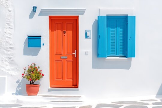 Patios interiores con puertas coloridas y ventanas azules que iluminan el ambiente en un d&iacute;a soleado