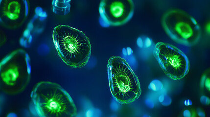 Close-up view of green glowing cells under a microscope, with scientific equipment and laboratory tools blurred in the background. Perfect for microbiology, biotechnology, or scientific research theme