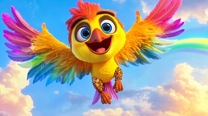 The Flight of the Rainbow Bird: A vibrant and joyful animated bird soaring through a sunny sky, wings ablaze with rainbow hues.