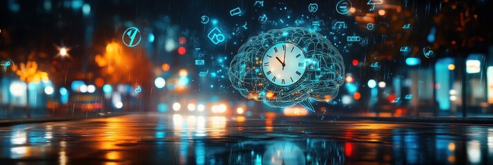 Futuristic Time Management Concept with Digital Clock and Neural Network in Rainy Urban Setting
