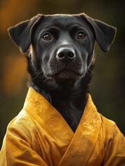 Portrait of a Dog Wearing a Yellow Robe with a Serene Background in Autumn Colors