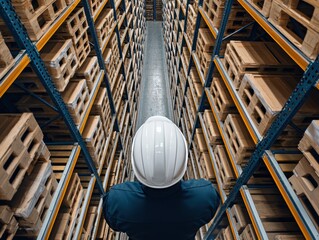 Warehouse aisle safety concept. A worker in a safety helmet surveys a warehouse filled with stacked pallets, emphasizing industrial organization and safety.