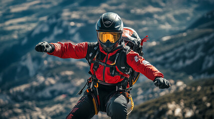 Adventurer in red gear gliding through mountain air during an exhilarating ascent at dawn