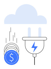 Cloud technology linking to energy plug and falling coins depicting financial savings. Ideal for cloud services, cost efficiency, renewable energy, sustainable tech, financial savings, innovative