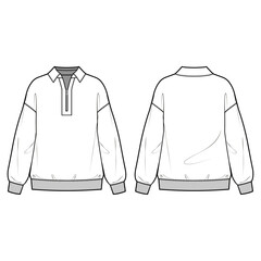 
Technical flat sketch of Half zip up sweatshirt. Collared oversize top with drop shoulder and rib trims. 