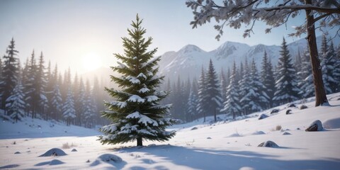 Naklejka premium Single fir tree, snowy branches, winter scene, flora, photography, nature