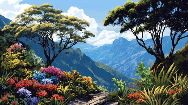 Trees with senecio foliage, lobelias, and everlastings in the rwenzori national park, uganda. Crevasse. Illustration