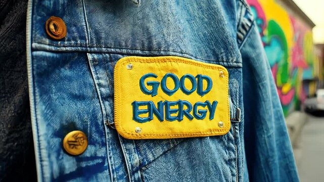 Denim jacket patch with positive message in urban graffiti background
