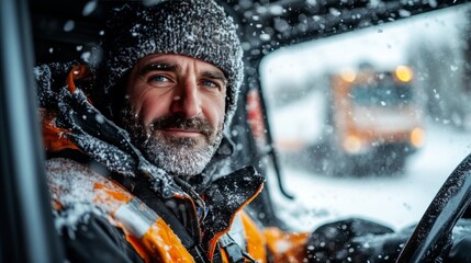 Caucasian mature male driver in snowy winter gear behind the wheel of snowplow