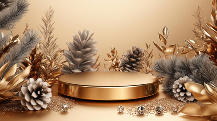 Elegant golden circular podium surrounded by metallic gold and silver plants with sparkling diamond effects, gradient light beige background, luxurious texture, pine leaves, snowflakes