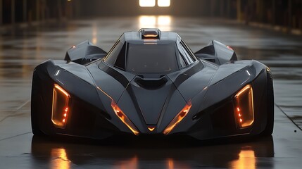 Futuristic sports car in dark warehouse.