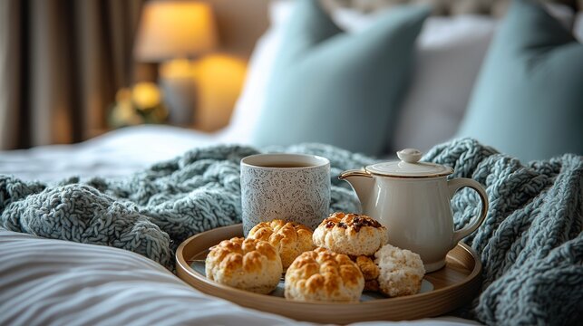 Cozy breakfast in bed with tea and pastries on a comfortable morning