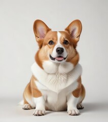 Welsh corgi dog's body forms perfect triangle shape as it rests on white background,  corgi breeds,  animal portraits
