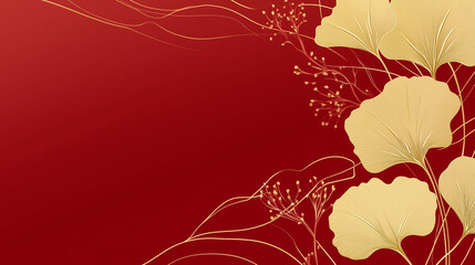 Minimalist Gold Ginkgo Leaf Vector Illustration on Red Background. Perfect for Chinese New Year, Asian-inspired designs, and minimalist art.