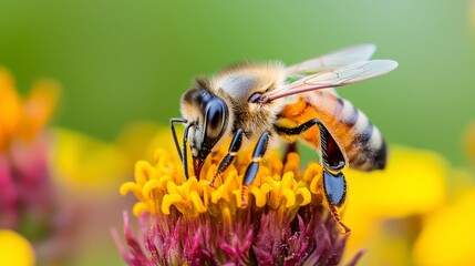 Close-up of a Honey Bee Pollinating Vibrant Yellow and Purple Flowers in a Garden, Capturing Nature's Beauty and Importance of Ecosystems