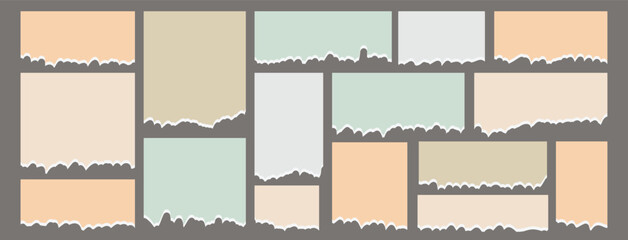 Set of torn paper sheet ripped strips. Torn notebook page or scrap note with damaged border. Sticky newspaper clip art. Vector illustration