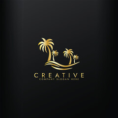 Obraz premium Palm tree wave travel logo, Wave beach palm logo design icon combination Vector illustration