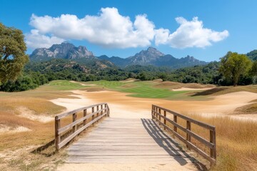 Fototapeta premium Vistas amplias de fincas blancas rodeadas de olivos y montañas en un día soleado