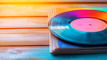 Fototapeta premium Colorful Vinyl Record on Wooden Table with Warm Lighting and Album Cover Displayed