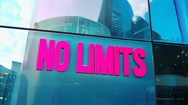 Urban reflections with bold no limits text on glass building