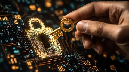 Entrepreneur inserting a golden key into a futuristic holographic lock system symbolizing innovation opportunity and the unlocking of new possibilities in the digital age