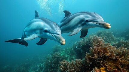 Obraz premium Playful dolphins swimming among vibrant coral reefs underwater