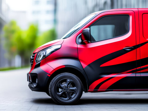 Red Delivery Van with Bold Graphics in Urban Environment Perfect for Transportation and Logistics