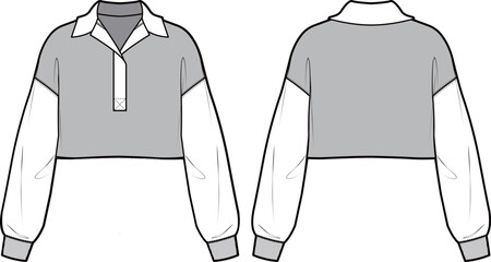 
Technical flat sketch of Half placket crop sweatshirt. Collared oversize top with drop shoulder. Pullover and popover.
