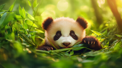 Adorable Young Panda Curiously Chewing Bamboo Among Lush Greenery in Natural Habitat