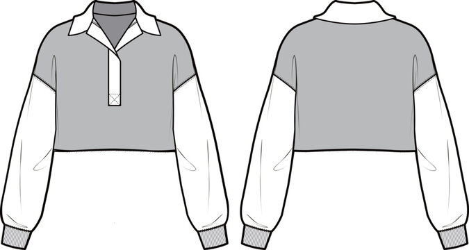 
Technical flat sketch of Half placket crop sweatshirt. Collared oversize top with drop shoulder. Pullover and popover.