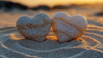 Fototapeta premium Two stone hearts resting on sandy beach at sunset