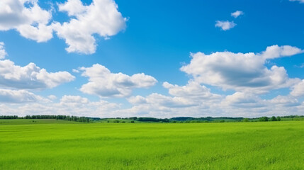 Obraz premium Expansive green field with a clear blue sky and fluffy clouds.Warm, comfortable, happy atmosphere, Generative ai