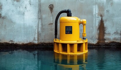 Yellow submarine pump for water and sewerage system, submerging in a pond with a concrete wall background.
