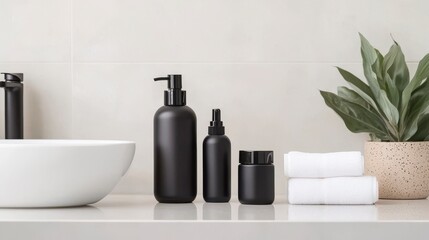 Fototapeta premium Elegant Black Cosmetic Bottles and White Ceramic Sink in Modern Bathroom with Minimalist Decor and Green Plant Accents for Fresh and Clean Aesthetic