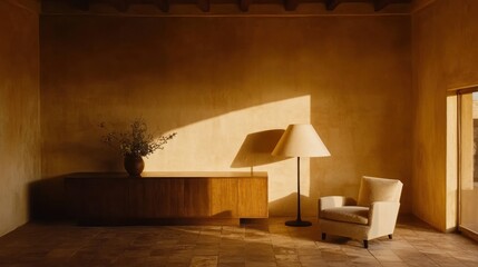 Sunlit minimalist room interior with wooden cabinet, armchair, and floor lamp.