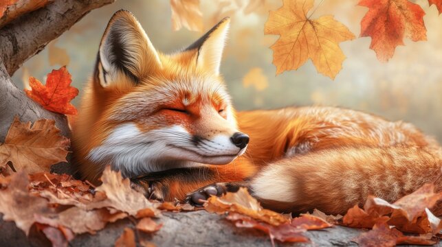 A red fox peacefully resting on a tree branch surrounded by vibrant autumn leaves, AI