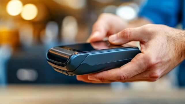 Close-up View of Hand Holding Payment Terminal in Cafe Setting with Blurred Background