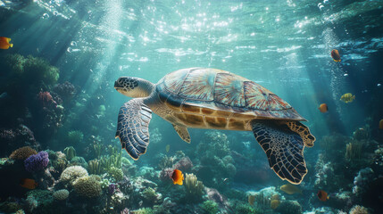 Fototapeta premium serene underwater scene featuring turtle swimming gracefully through vibrant coral reef, illuminated by sun rays filtering through water, showcasing marine life
