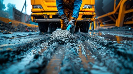 Worker cleaning mud from a road with a shovel in front of a truck.