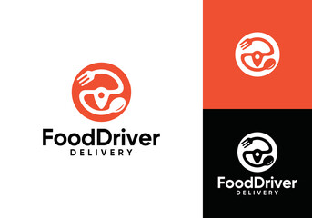 fork spoon with steering wheel car logo. food delivery restaurant pin location transportation symbol vector design concept