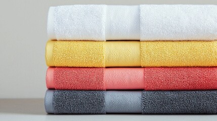 Soft and Absorbent Bath Towels Stacked in Neat Rows of White, Yellow, Coral, and Gray Colors on a Minimalist Background for Modern Bathroom Decor