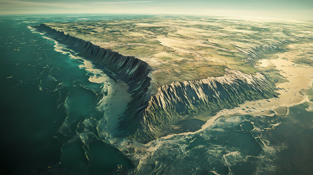 In the center of the image, a massive supercontinent dominates the horizon, with jagged coastlines and merged landmasses the camera angle is aerial, capturing. Crevasse. Illustration