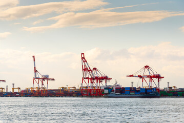 Container port and container crane at Industrial port for cargo container ship Osaka Japan....
