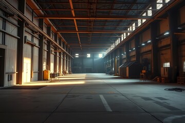 Naklejka premium Industrial Warehouse Interior: A wide-angle shot of a vast and industrial space, bathed in soft morning light, showcasing the raw and powerful beauty of a modern warehouse. The concrete floor.