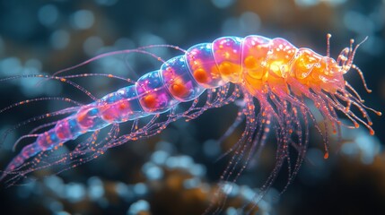 Vibrant bioluminescent amphipod crustacean with segmented body, long antennae, and glowing internal organs, swimming in dark ocean.