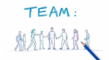 Teamwork Makes the Dream Work: A vibrant sketch illustrating a diverse team collaborating, symbolizing unity, support, and shared goals. The word "TEAM" emphasizes the central theme of collaboration.